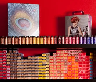 Wall of professional hair color at David Alan Salon