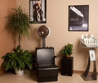 Hooded dryer chair surrounded by plants
