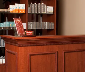 Front desk and retail shelves at David Alan Salon