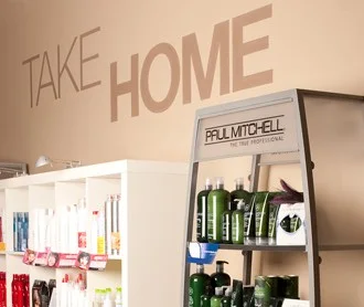 Take Home wall lettering with a Paul Mitchell display
